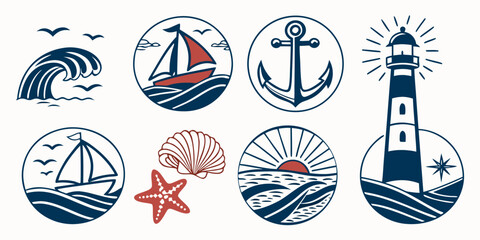 a set of nautical icons including a lighthouse and a sailboat Vector © rabbi