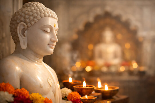 Tirthankar Lord Mahavir statue with golden aura celebrating Mahaveer Jayanti Jain festival spiritual devotion