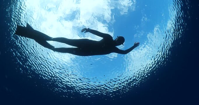 freediver apnea woman free diving underwater with nice lightning sun beams and rays , female skin diver