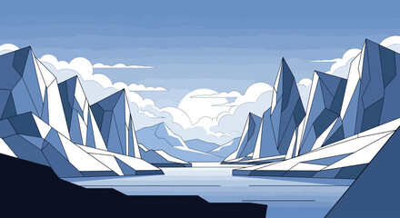 Geometric ice formations stand starkly against a cloudy, blue sky and calm water © Sendal