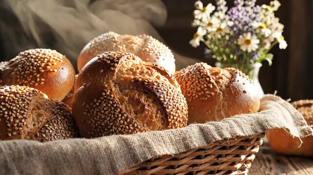Freshly Baked Sesame Seed Bread Rolls in Wicker Basket