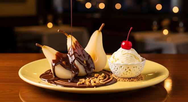 AI PHOTO - Pear helene dessert served with vanilla ice cream scoop in a plate, shot close up isolated against a blurry restaurant background