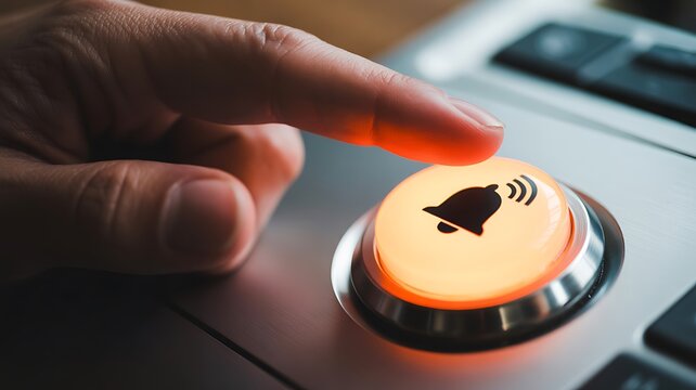 Close up of finger pressing notification button on computer keyboard
