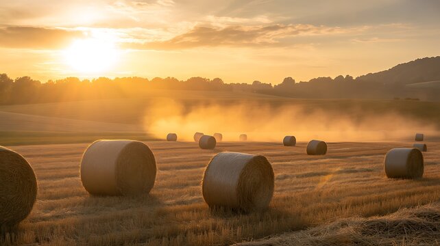 Golden hay bales in a field at sunset