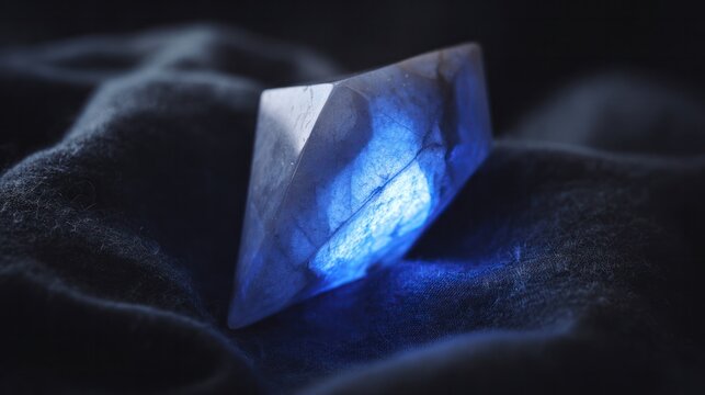A moonstone gemstone glowing softly on dark fabric, close-up view. STEM education sheets, lab safety posters, designed for STEM education and laboratory safety posters.