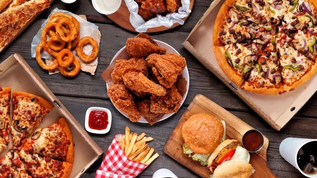 Table scene of take out or delivery foods. Slow rotating zoom motion. Pizza, hamburgers, fried chicken and sides. Overhead view on a dark wood background.