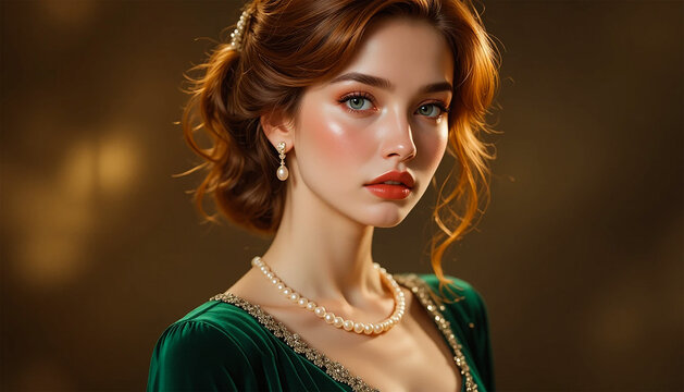 Elegant woman in a green velvet dress with pearl jewelry and a classic updohair.