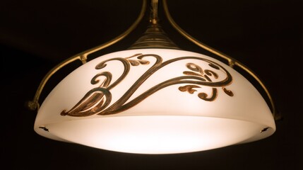 Art Nouveau 'S' curve pattern on an opal glass lampshade, soft glow. real-estate listings, architecture portfolios, designed for real-estate listing and luxury residence showcases.