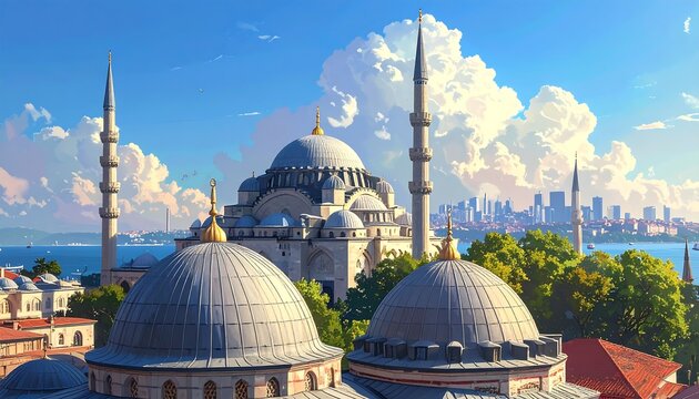 A serene landscape of a city skyline with mosques and trees