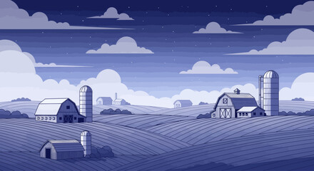 Rolling hills farm with barns and silos under a starry, cloudy night sky © Sendal