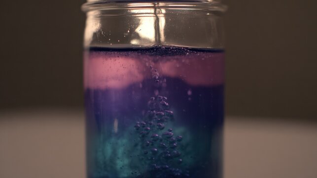 Dynamic time-lapse scene of multicolored liquid with rising bubbles inside a clear jar. bar promotions, beverage menus, designed for product packaging and bar promotions.
