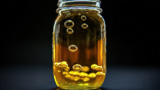 Colorful effervescent liquid forming rising bubbles inside a clear glass jar captured in time-lapse. bar promotions, beverage menus, designed for product packaging and bar promotions.