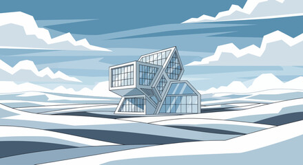 Geometric structure stands amidst abstract snowy landscape under cloudy sky © Sendal