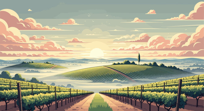 Expansive vineyard rows lead to rolling hills and misty valleys under a pastel sky