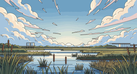 A serene wetland landscape under a vast sky filled with soft clouds © Sendal