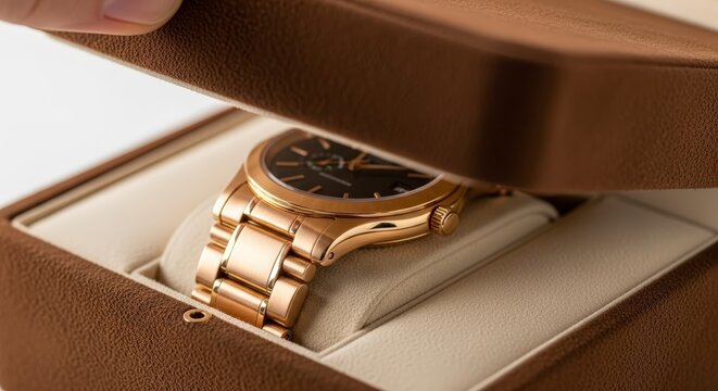 Luxury gold watch in box.
