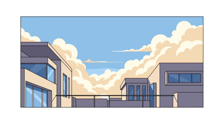 Naklejka premium Modern buildings on a sunny day with fluffy clouds