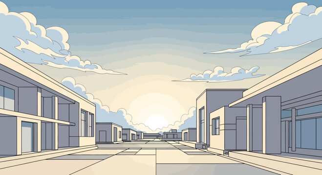 Buildings line a wide path under a sky with soft clouds and a bright sun