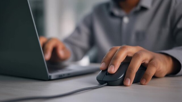 close up of a person using a computer mouse and laptop in office
