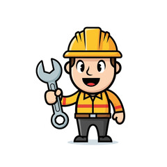 Fototapeta premium Happy Cartoon Worker with Wrench in Yellow Hard Hat.