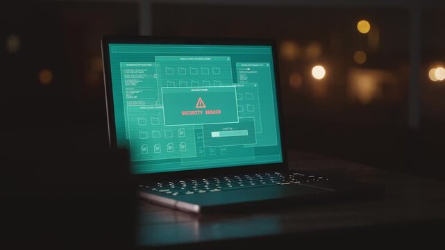 Laptop on desk at night showing server hacking attempt detected by system. Hacker or spyware trying to break into government agency data archive. Security breach firewall alert warning pops on monitor