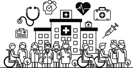 Fototapeta premium Medical staff and patients outside hospital building