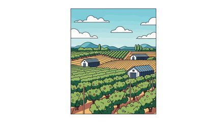 Verdant orchards and harvested fields below a bright, cloudy sky