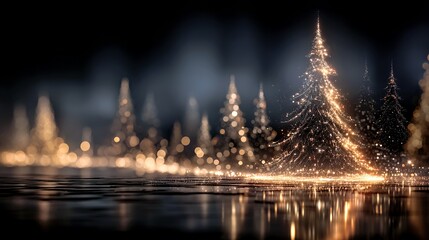 Fototapeta premium Luminous Evergreen: Sparkling Christmas Tree with Reflection in Night