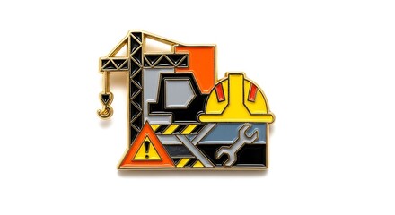 Naklejka premium Gold outlined construction enamel pin with crane and hard hat