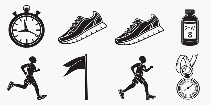 a collection of running icons including a stopwatch and athletic shoes Vector