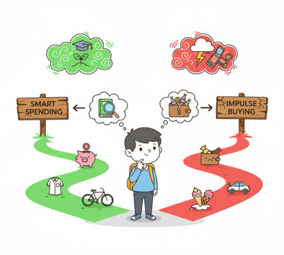 Navigating financial crossroads A thoughtful individual weighing the long-term benefits of smart spending against the immediate temptations and future challenges of impulsive consumption