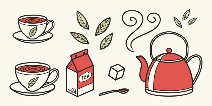 a red tea kettle and cups with tea and milk Vector