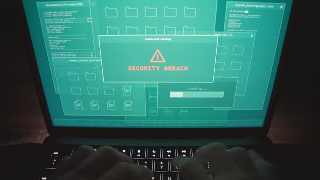 Hacker typing on computer laptop message warning of security breach alert system. Attempt to hack government data center archive. Hands on keyboard. Firewall detects suspicious activity and notifies