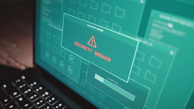 Close up on computer screen with warning alert of security breach hack attempt. Laptop on desk at night in dark room. Message appear notifying hacker group of spyware breaking into pc server system 