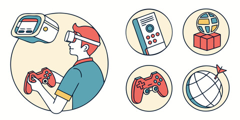 man playing video games with various controllers Vector © RABBY MIA