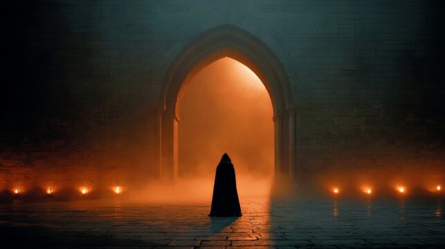 Gloomveil Gateway: Hooded Figure in Archway with Ember Glow