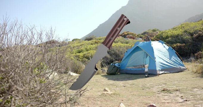 Animated knife entering frame and rotating, piercing ground near tent, showing camping gear safety