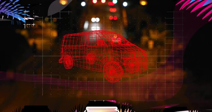 Distant headlights approaching lighting red 3D wireframe van shifting pulsing grid for promo