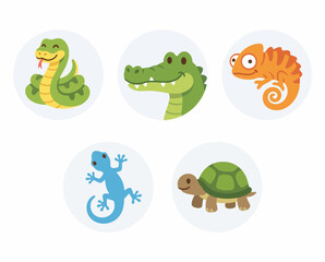 Naklejka premium Colorful cartoon reptiles and sea creature icons.