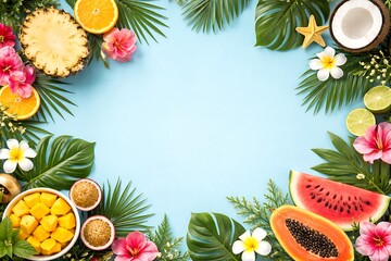 Colorful Tropical Fruit Frame on blue Background