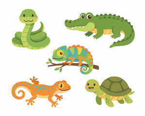 Fototapeta premium Colorful cartoon reptiles and amphibians group.
