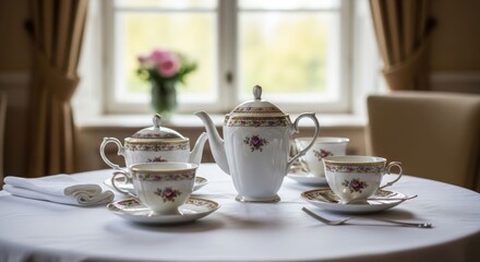Fototapeta premium Elegant tea service set on a white tablecloth, near a window