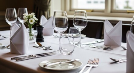 Elegant dining table setting with glassware, napkins, and flowers
