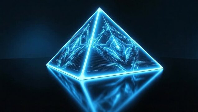 Mystical Glowing Pyramid: A mesmerizing 3D rendering of a luminous pyramid emanates an ethereal blue glow, its intricate facets reflecting the beauty of advanced design. 