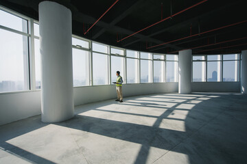 Naklejka premium A construction worker reviewing blueprints inside an empty modern office building with large windows and concrete floors