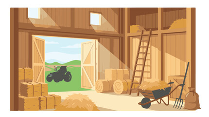 Cartoon illustration of a barn interior with hay bales, farm tools, and tractor © StockStudio