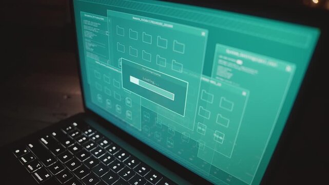Computer laptop on office desk at night as software system loading information. Spyware of hacker breaking sending and stealing data from remote server cloud. Access to sensitive private files