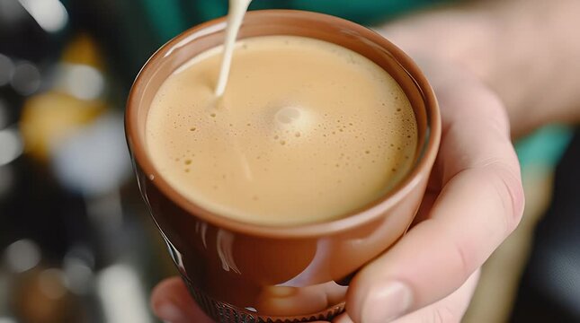 Barista pouring steamed milk into a ceramic cup of espresso creating latte art a close-up shot showcasing the craft and artistry of coffee preparation