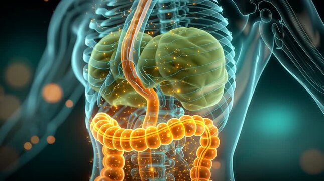 Human Digestive System Visualization: A detailed 3D rendering of the human digestive system.