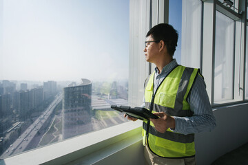 Engineer wearing reflective vest holding tablet while gazing at urban cityscape © zhu difeng